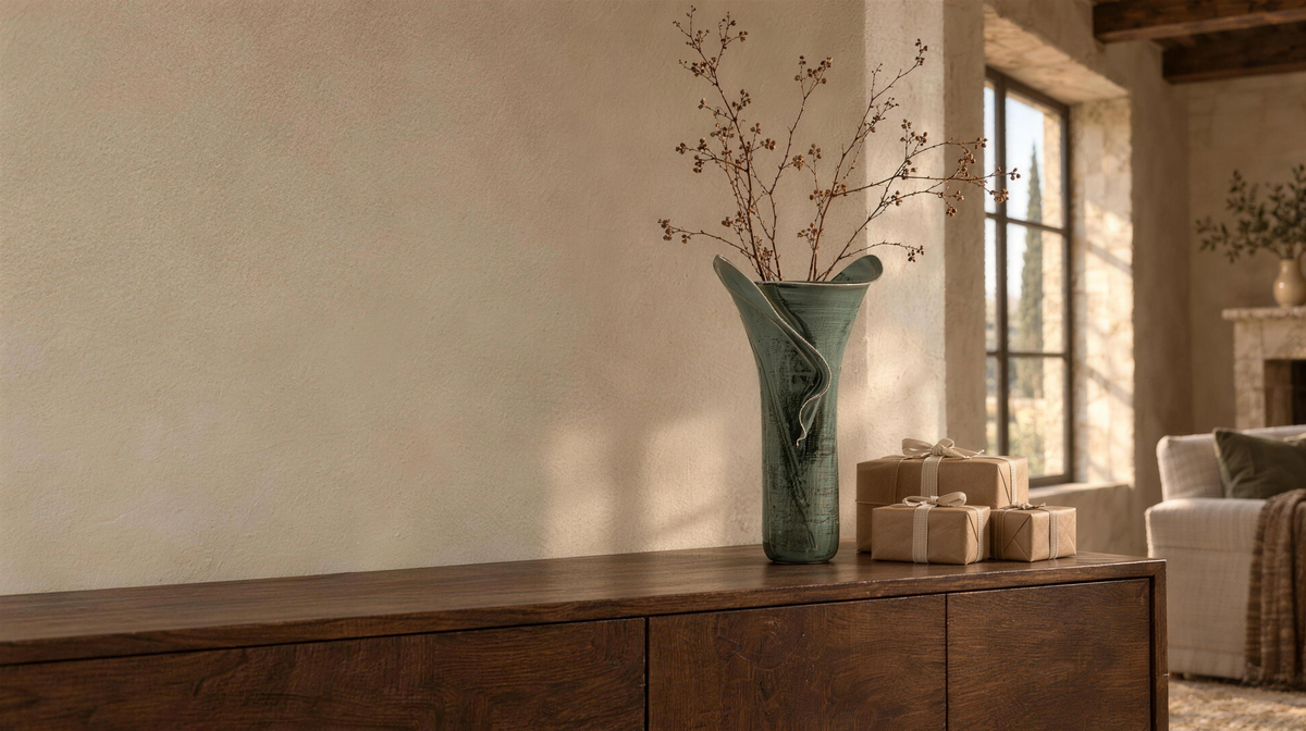 Antique Green Cera vase with dried berry branches and kraft-wrapped gifts on a walnut sideboard in a stone farmhouse
