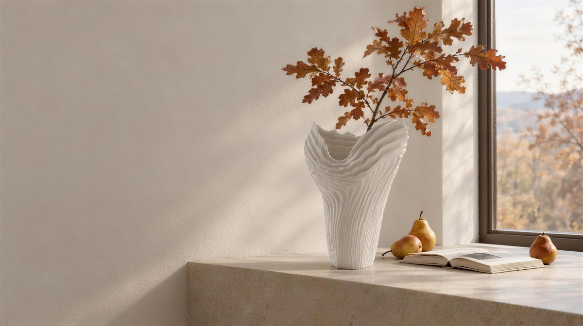 Cima white rippled ceramic vase with an autumn oak branch on a limestone ledge by a window