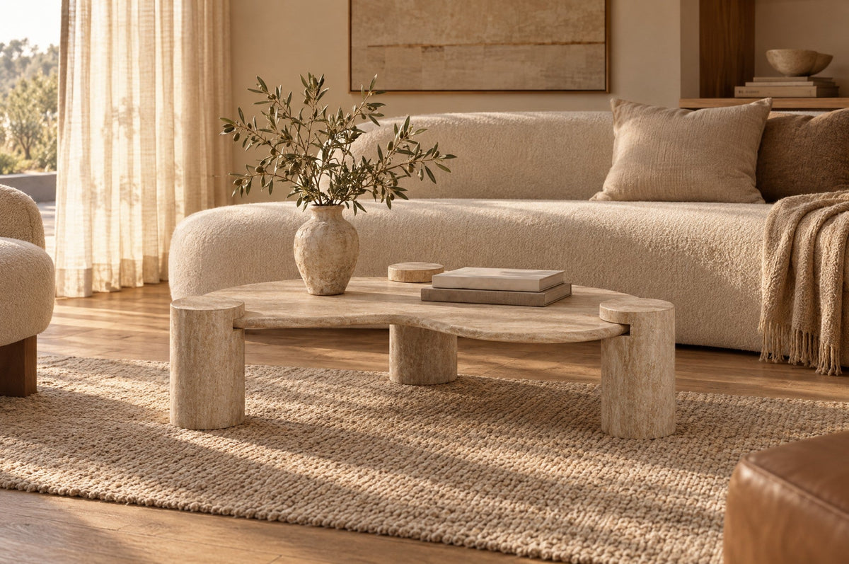 Tuscani kidney-shaped travertine coffee table