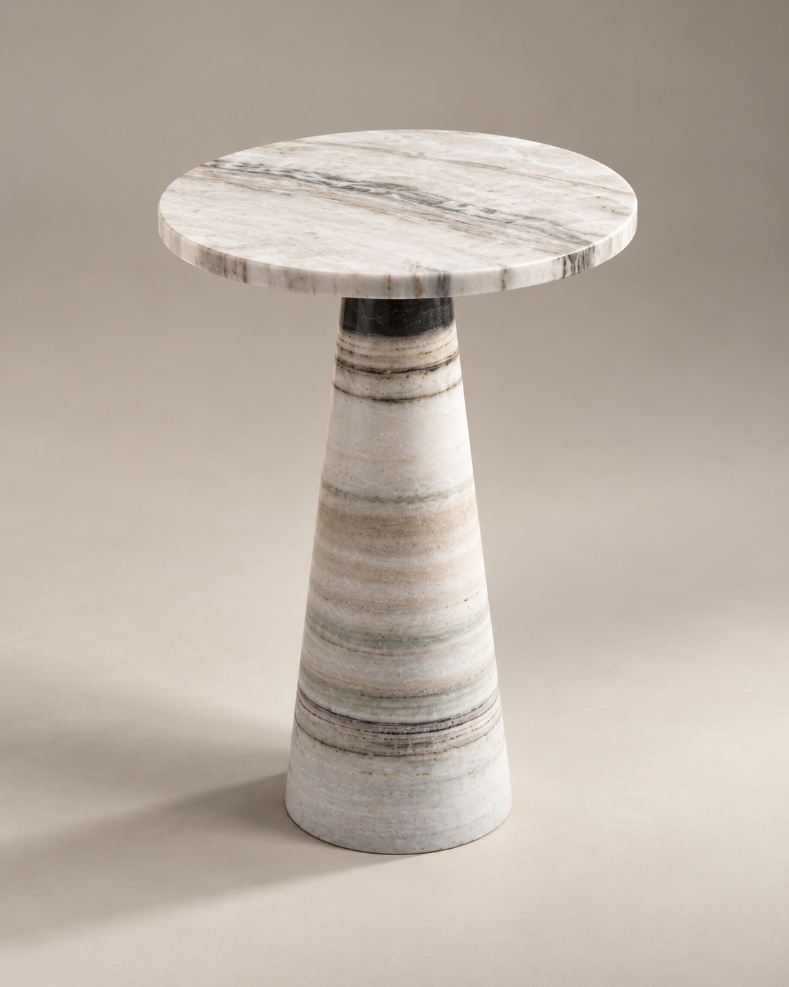 Angled view of the Vellora marble side table