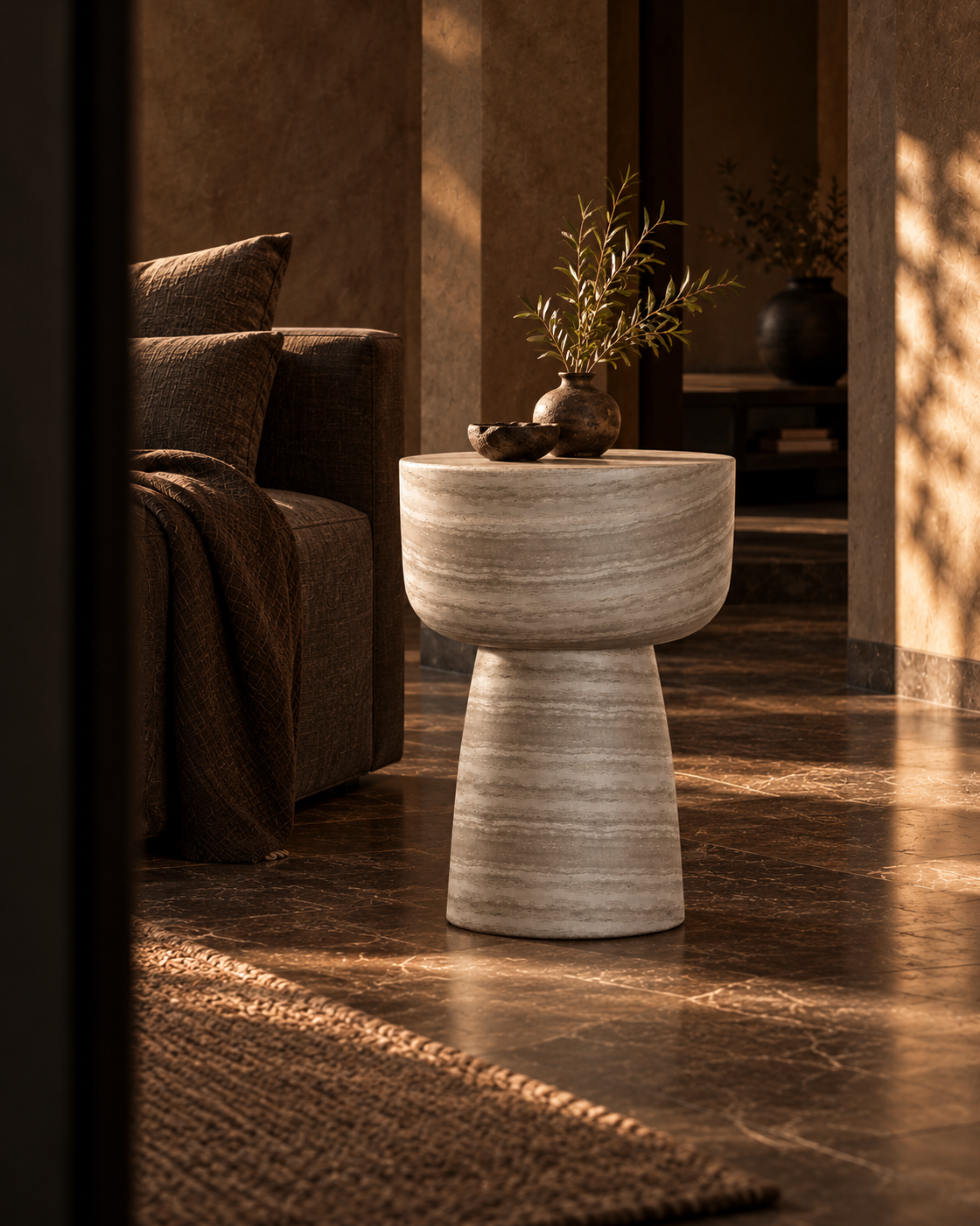 Maro concrete side table in a sunlit architectural living room