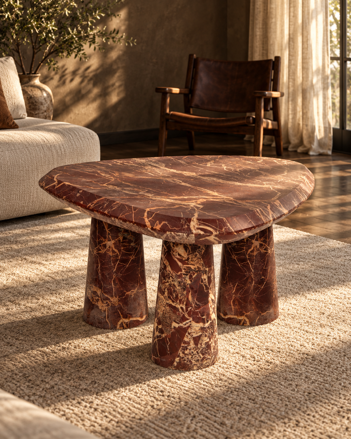 Rosso coffee table beside seating in a moody reading room