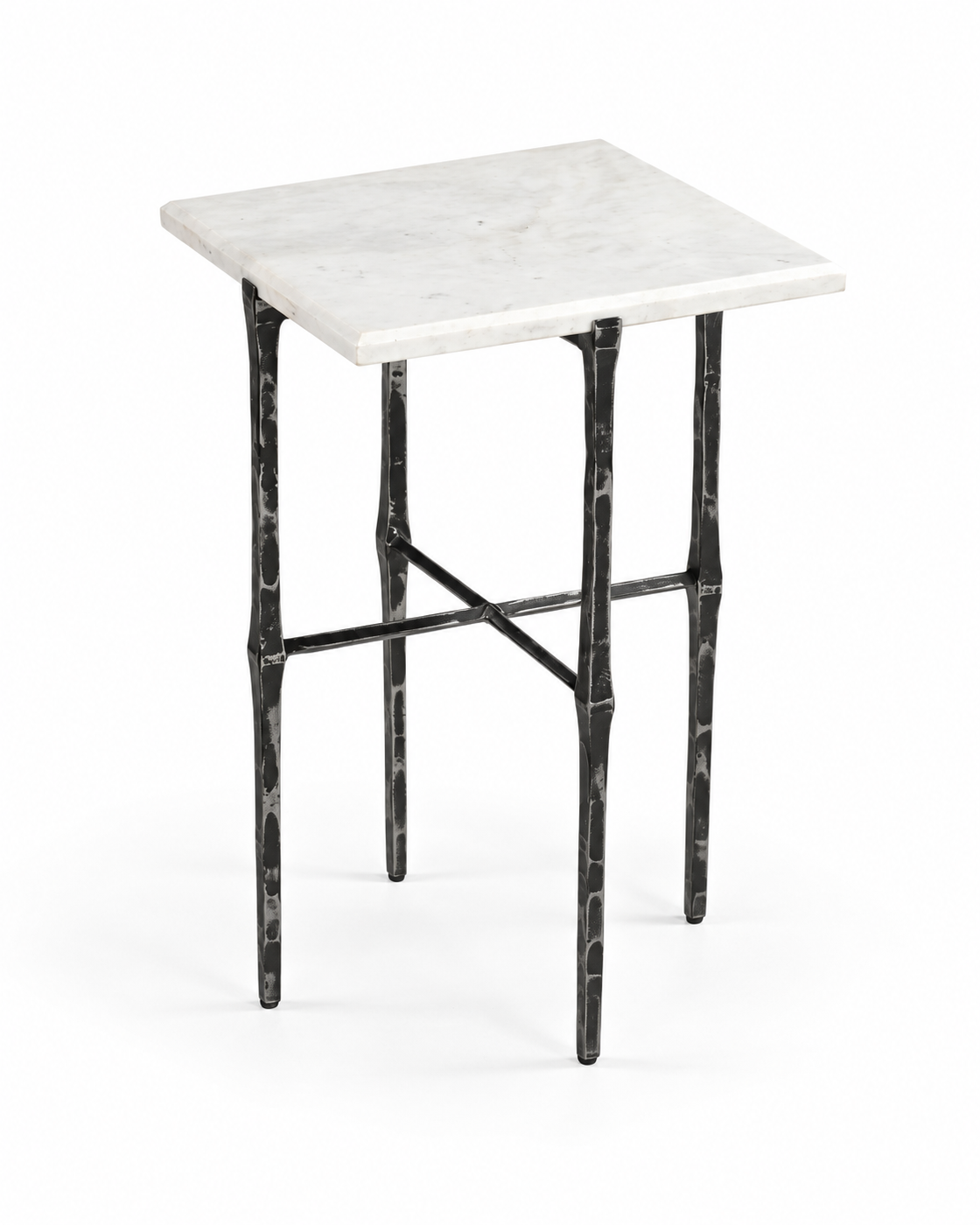Avelis Marble Accent Table with a square marble top and hammered metal frame on a white background.