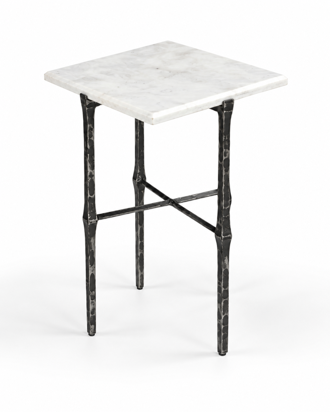 Elevated three-quarter view of the Avelis Marble Accent Table and square beveled marble top.