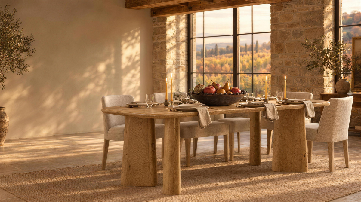 Solero white oak dining table set for Thanksgiving with the Rocco bowl of pears and pomegranates in a stone farmhouse at golden hour