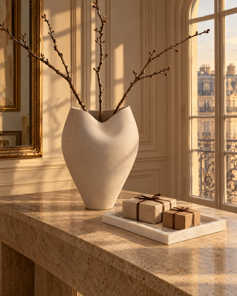 Holiday gift guide still life with the Delamo vase, a white marble tray and stone gifts