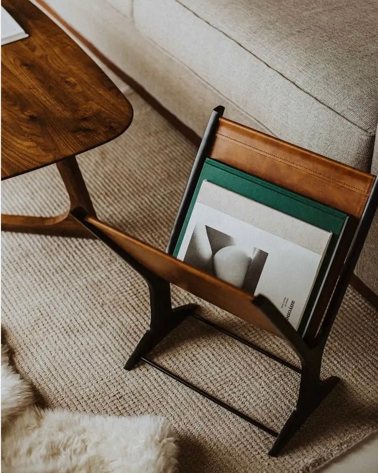 Leather Book Rack Leather Book & Magazine Rack - Brown Black | Belaré Home