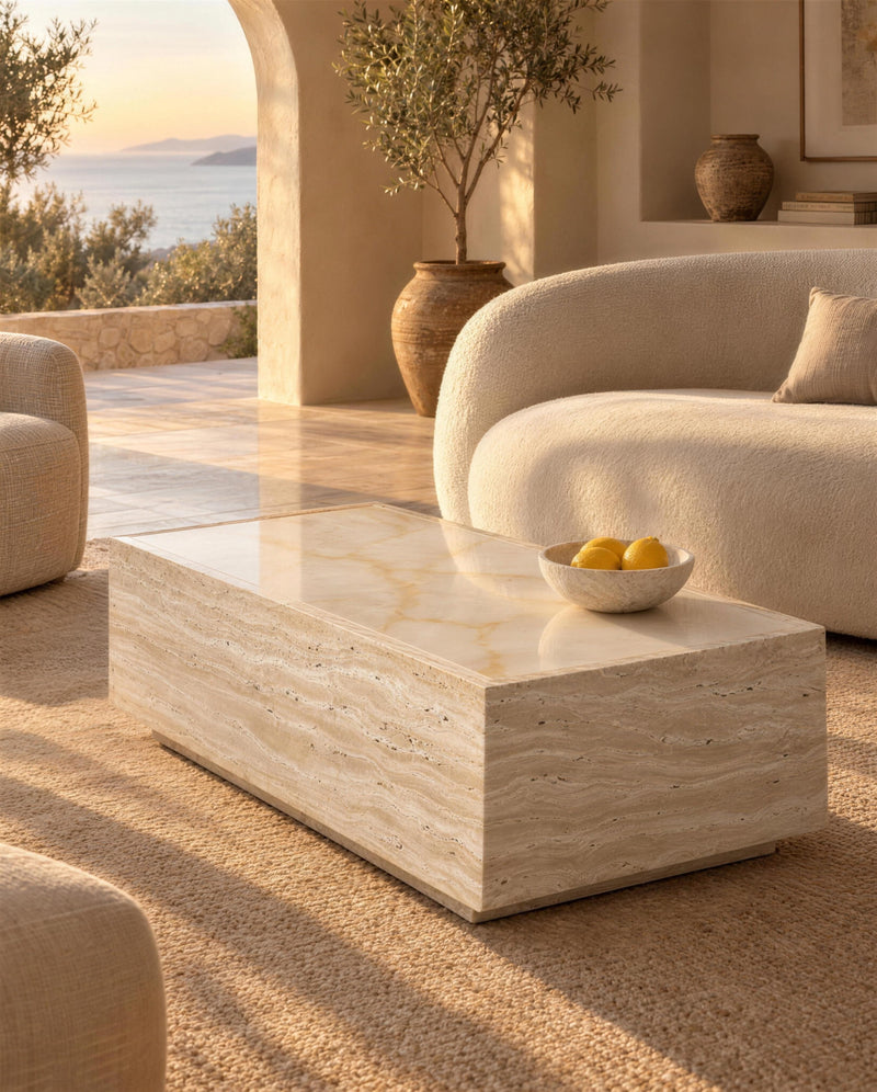 Palermo travertine and onyx coffee table on a seaside terrace at golden hour