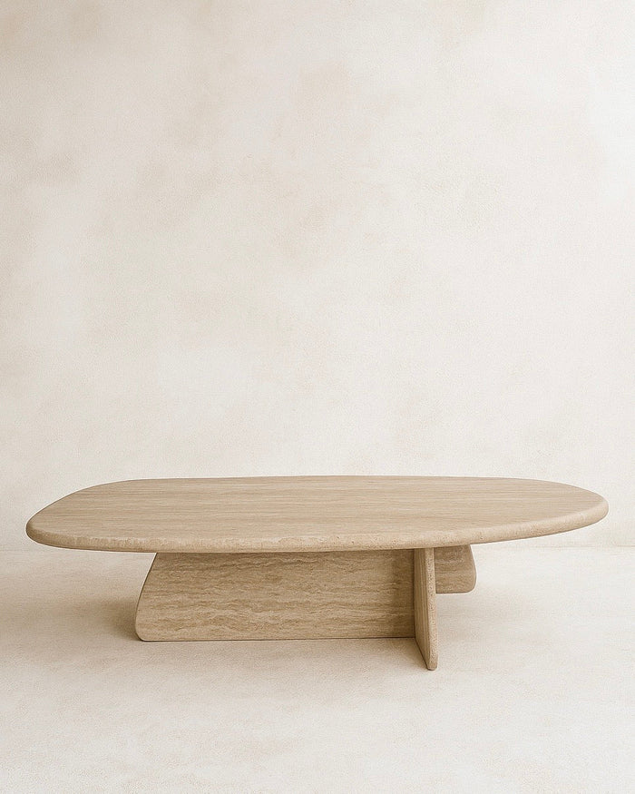 Toscana travertine coffee table with a freeform top on a two-piece slab base