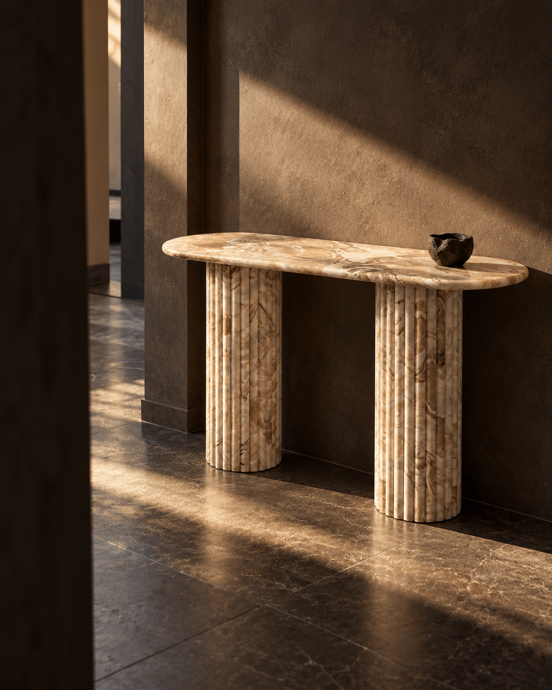 Sculpted Tan Marble Console Table 40" - Belaré Home