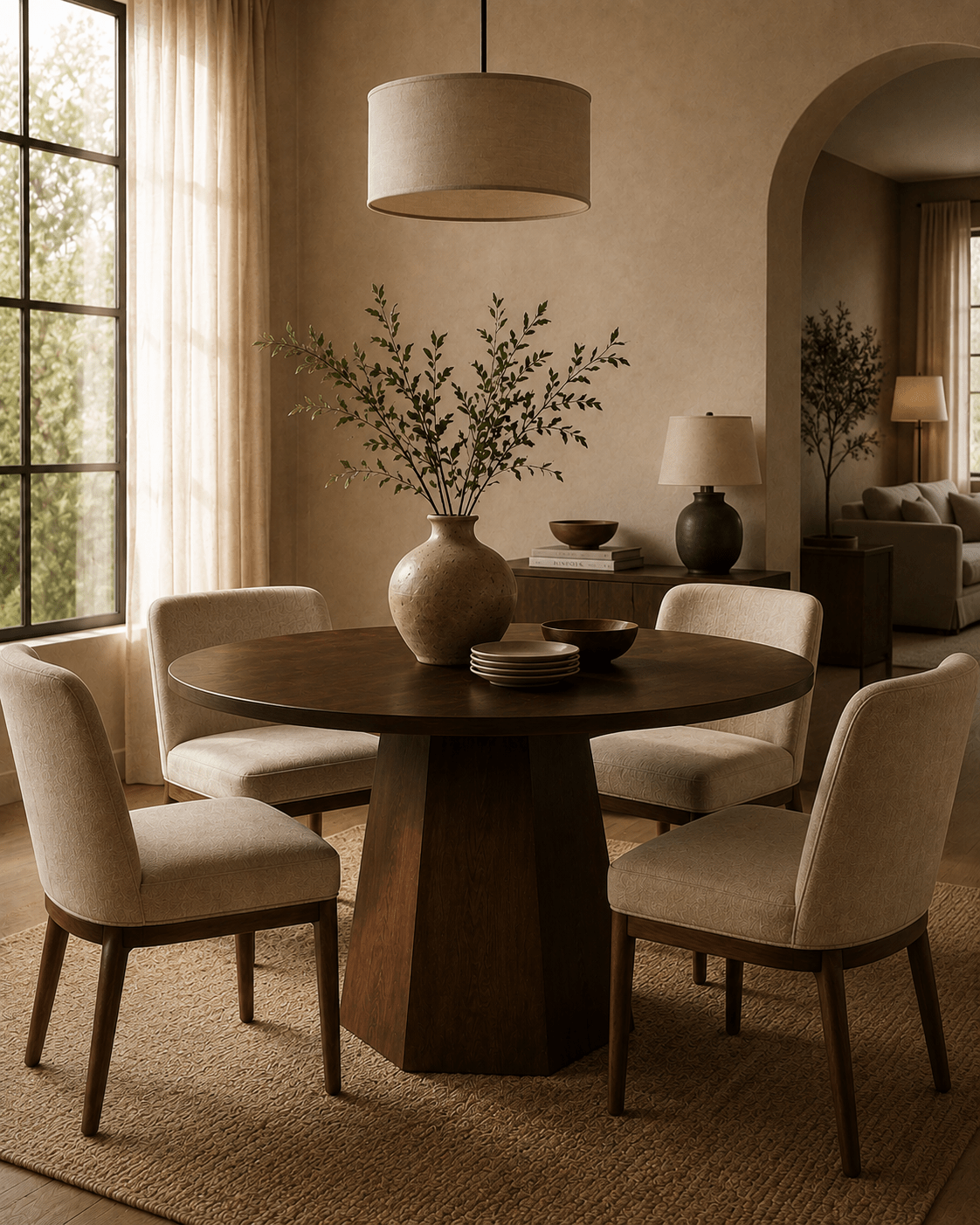 Round Walnut Solid Wood Dining Table 39 Inch Pedestal Base Design Modern - Belaré Home