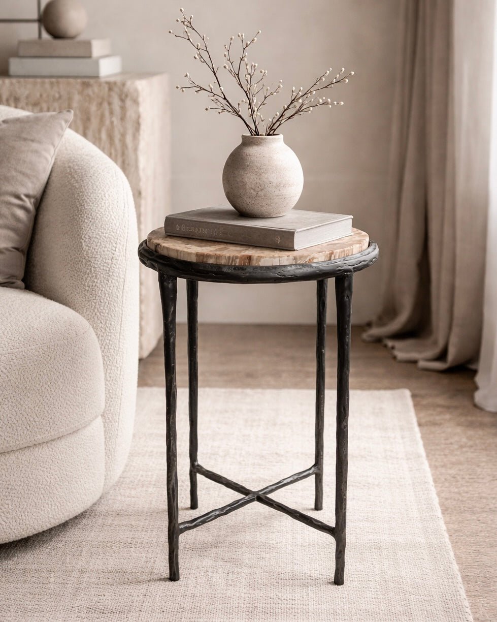 Adelle Iron Petrified Wood Accent Table - Belaré Home