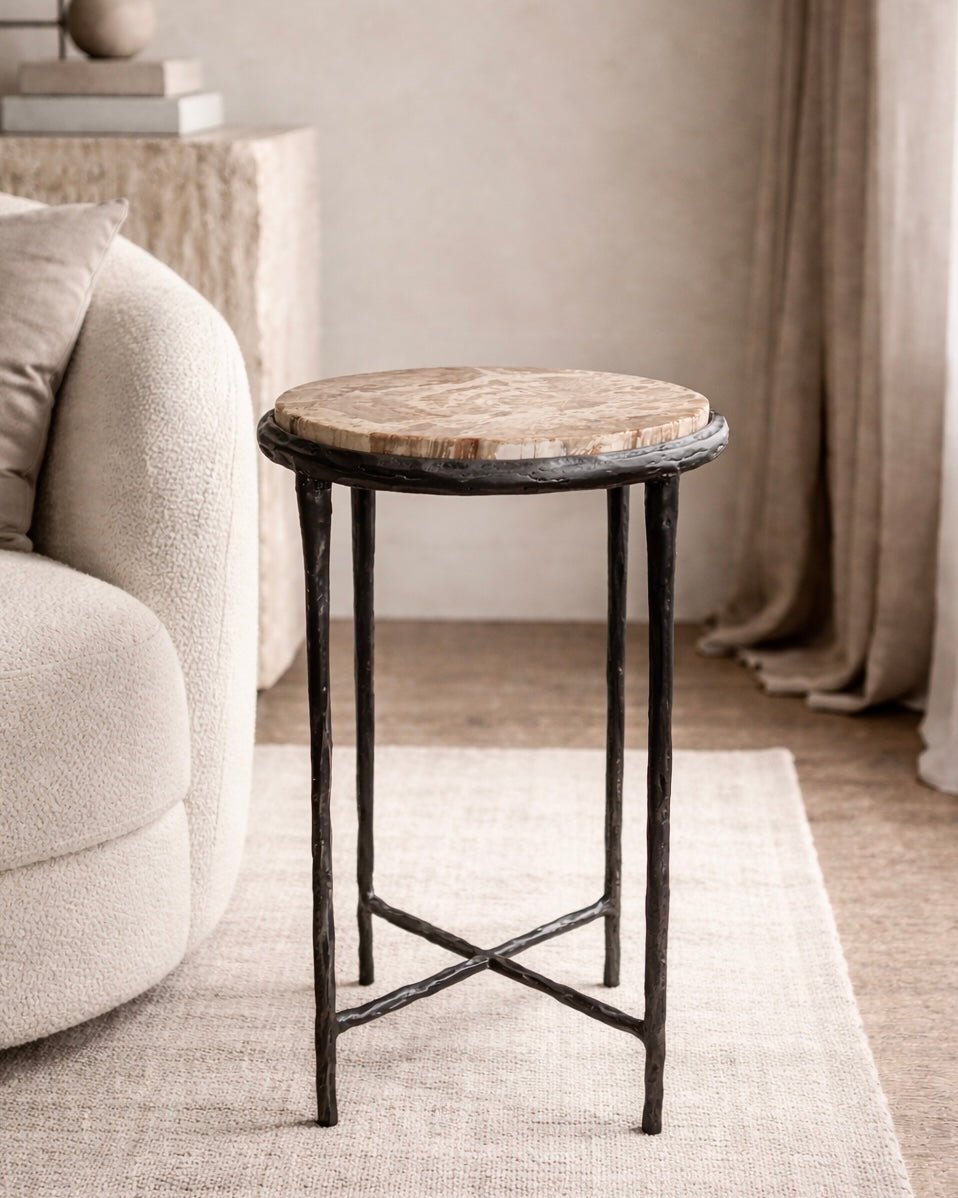 Adelle Iron Petrified Wood Accent Table - Belaré Home
