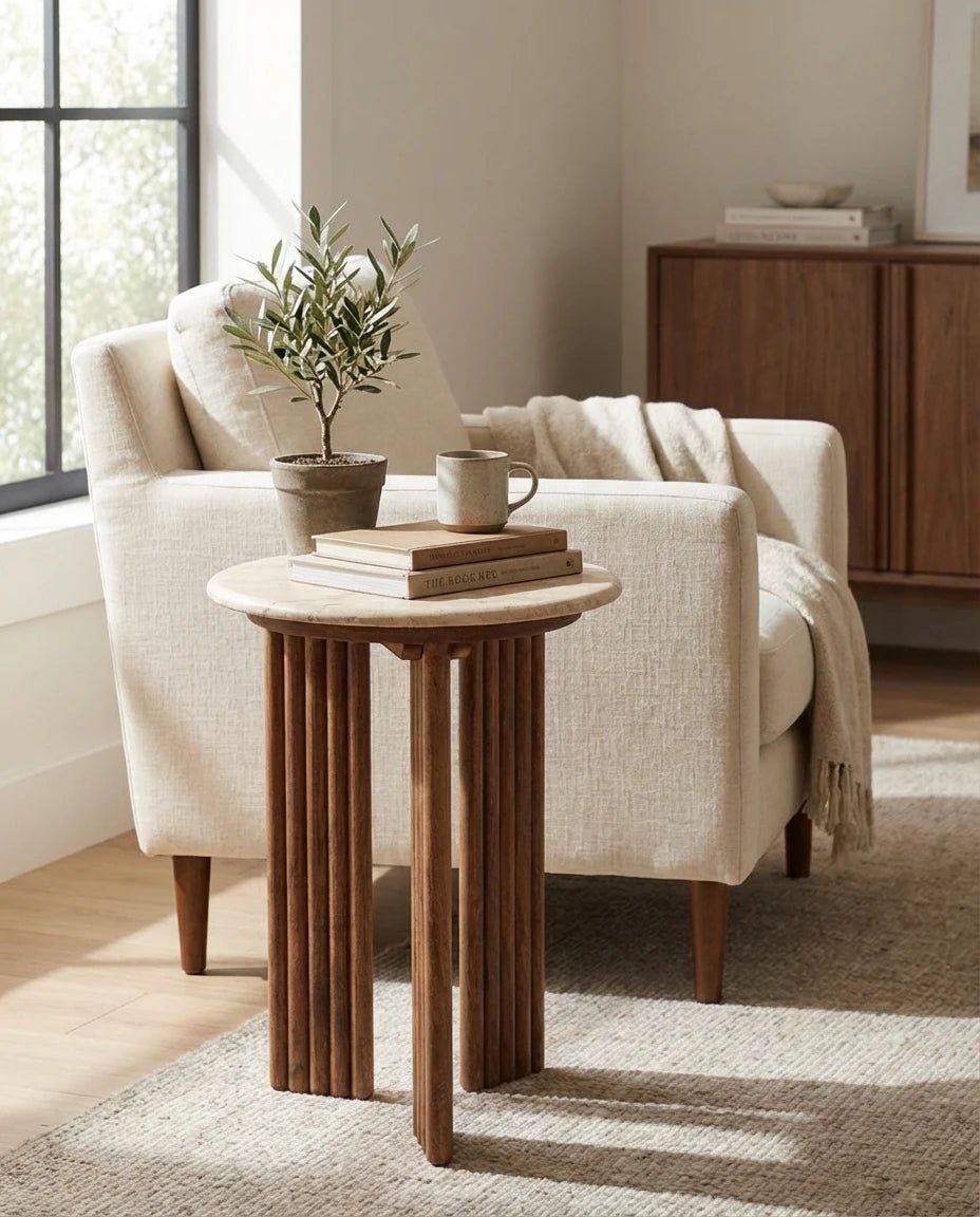 Arielle Travertine and Wood Accent Table - Belaré Home