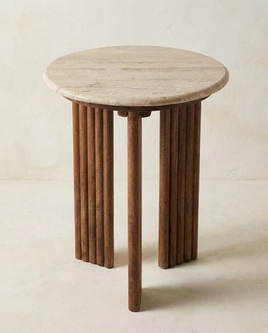 Arielle Travertine and Wood Accent Table - Belaré Home