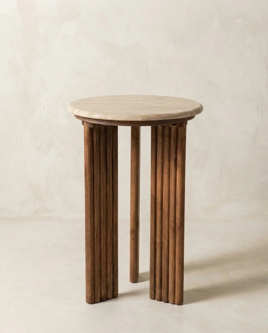 Arielle Travertine and Wood Accent Table - Belaré Home