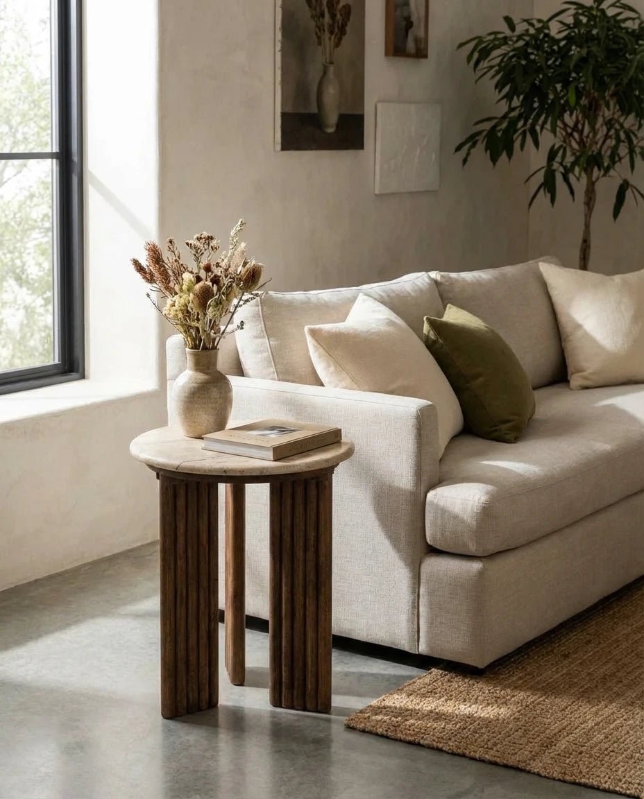 Arielle Travertine and Wood Accent Table - Belaré Home