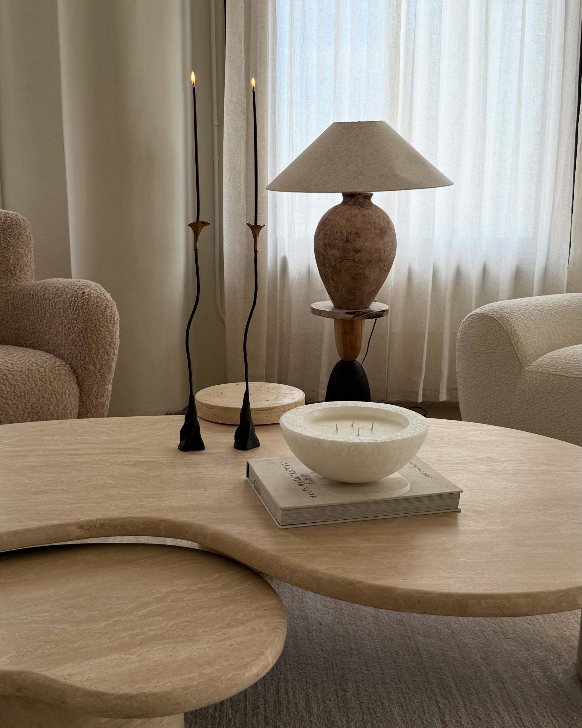 Tuscani Italian Travertine Coffee Table - Kidney Curved 68"L - Belaré Home