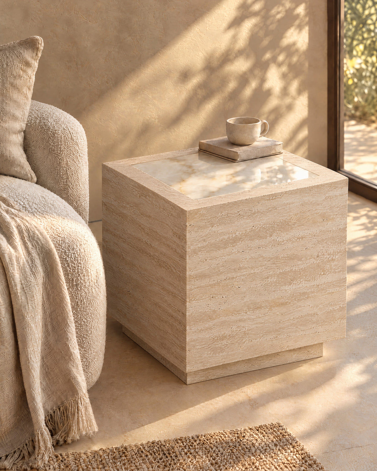 Palermo side table in afternoon sun, a vein-cut travertine cube with an inset onyx top - Belaré Home