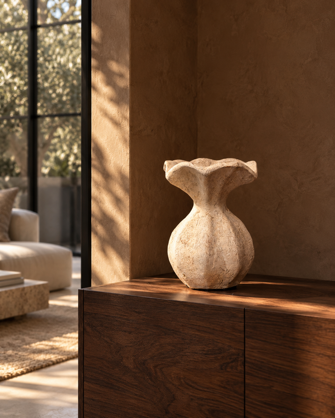 Loretta handcrafted terracotta vessel on a wood console