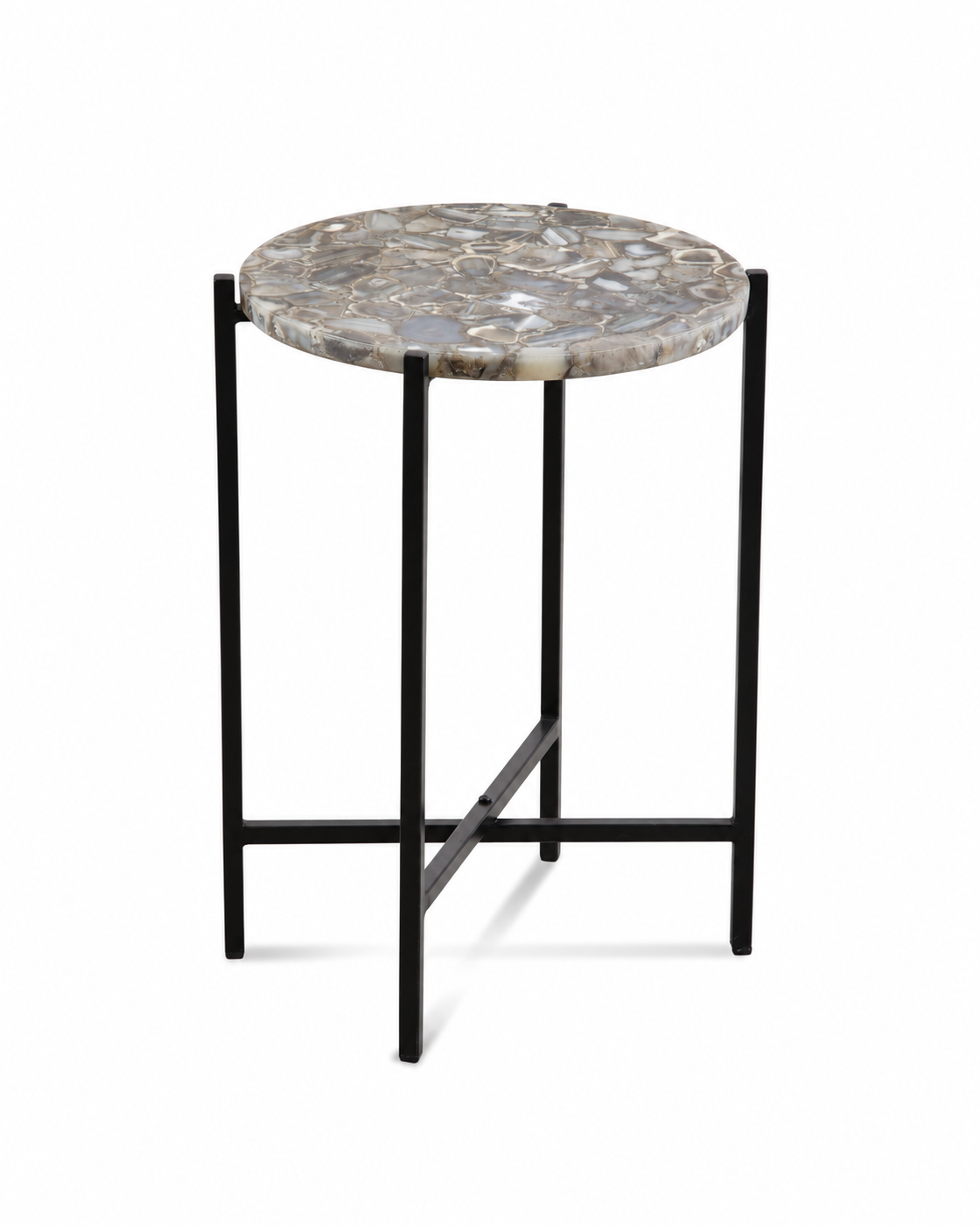Orlina agate accent table with a round stone top and four black iron legs on white.