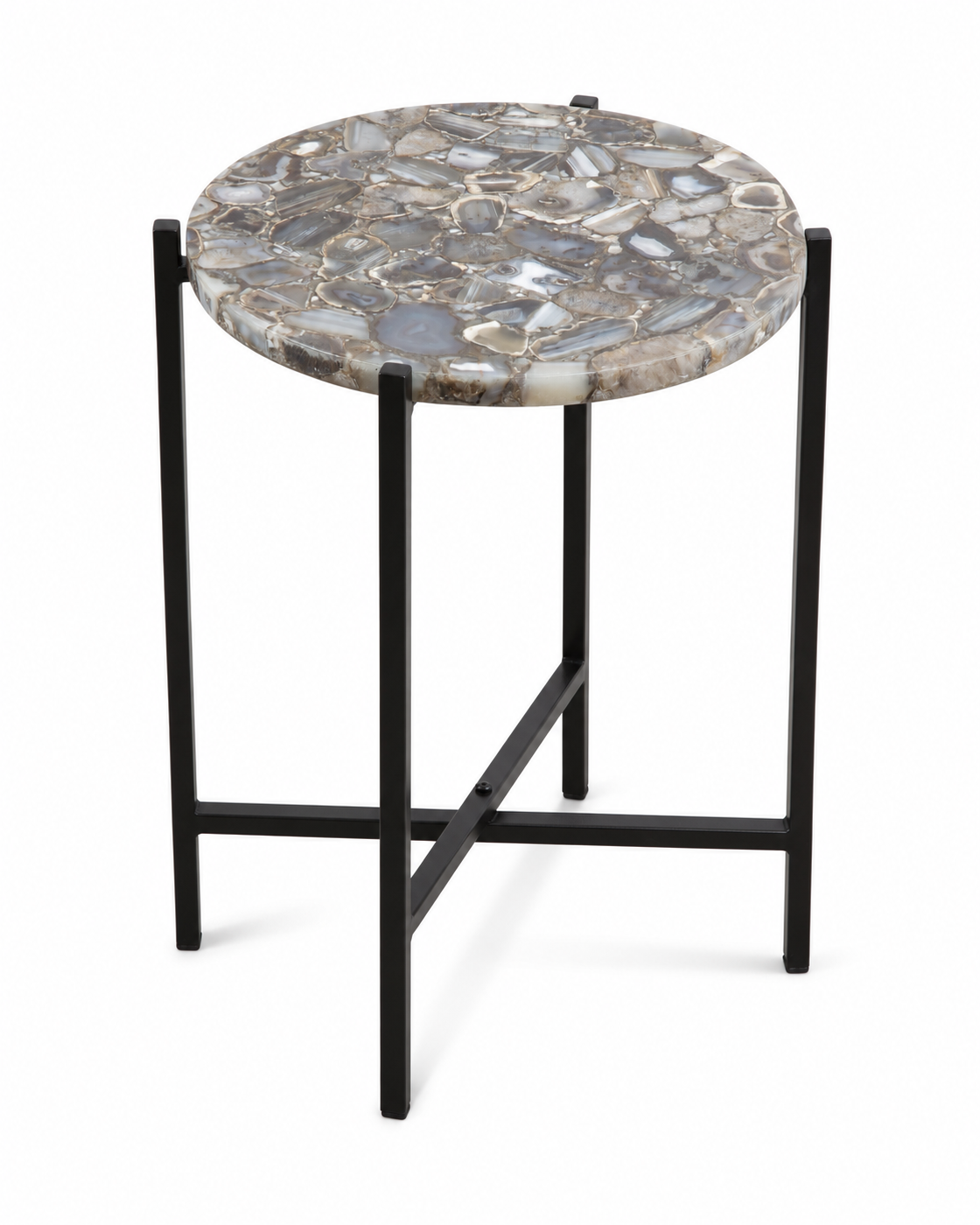 Higher view of the Orlina agate accent table showing the round top and crossed lower supports.
