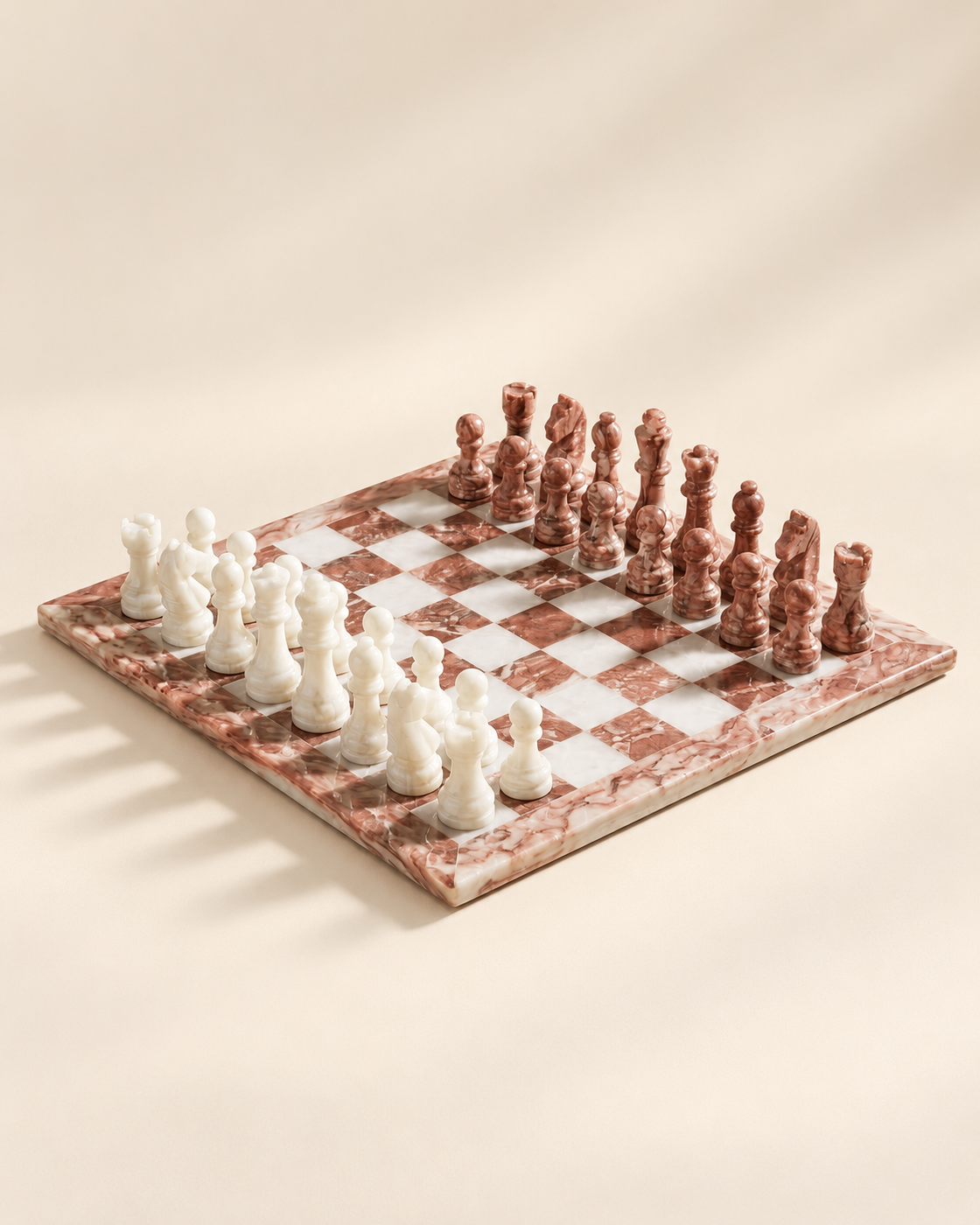 Bellano Pink Marble Chess Set — board and playing pieces